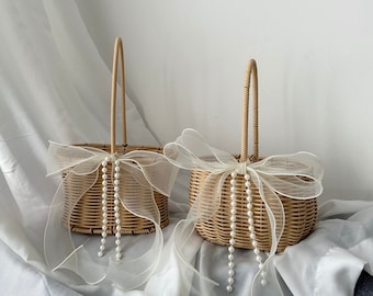 Flower Girl Basket with Pearl Chain & Ivory Ribbon/ Simple Bridesmaid Basket / Hand Woven Basket / Rustic Basket Vintage Wedding