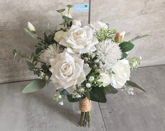 White Greenery Wedding Bouquet 12"/ White Rose Eucalyptus Bouquet/ Classic White Rose Bouquet/ Boho Bouquet