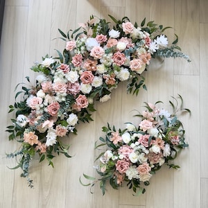 Arco de flores para boda en rosa empolvado, rubor, marfil y blanco/ guirnalda de esquina en rosa ballet y blanco/ telón de fondo de boda rosa/ despedida de soltera en rosa empolvado