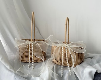 Flower Girl Basket with Pearl Chain & Ivory Ribbon/ Simple Bridesmaid Basket / Hand Woven Basket / Rustic Basket Vintage Wedding