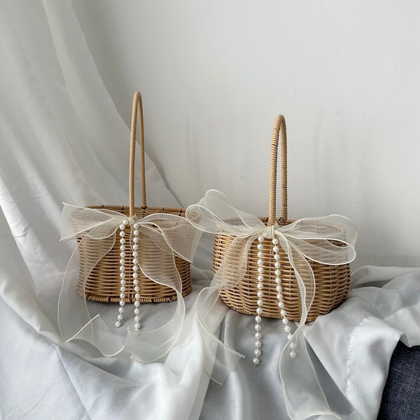 Handwoven Flower Girl Basket with Pearl Chain & Ivory Ribbon