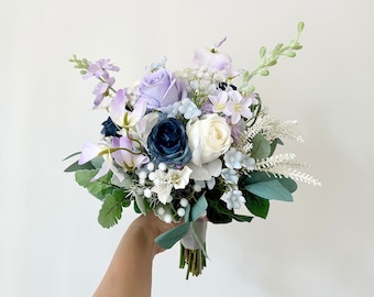 Navy and Purple Bridal Bouquet 12"/ Lavender Rose and Blue Wedding Bouquet/ Dark Blue and Lilac Rustic Boho Flower Bouquet