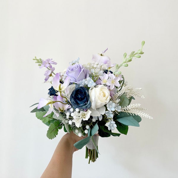 Navy and Purple Bridal Bouquet 12"/ Lavender Rose and Blue Wedding Bouquet/ Dark Blue and Lilac Rustic Boho Flower Bouquet