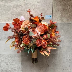 Burnt Orange Wedding Bouquet 16” Artificial / Autumn Orange Wedding Bouquet / Burnt Orange Bouquet / Fall Winter Greenery Bouquet