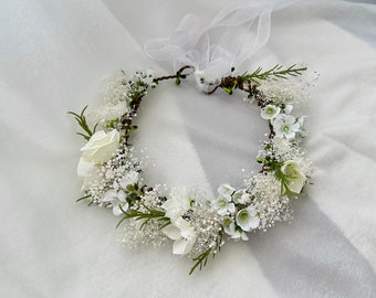 Babysbreath Flower Crown /  White Flower & Eucalyptus Flower Crown / White Rose and Baby’s breath Flower Girl Crown / Rustic Wedding Crown