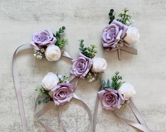 Lavender and White Rose Boutonnière Corsage/ Purple Wedding/ Lilac and Grey Wedding/ Plum and Greenery wedding/ Moody Romance Wedding