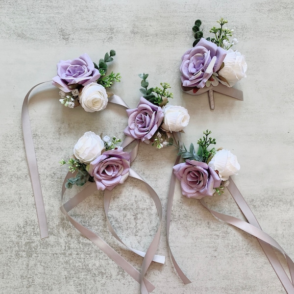 Lavender and White Rose Boutonnière Corsage/ Purple Wedding/ Lilac and Grey Wedding/ Plum and Greenery wedding/ Moody Romance Wedding