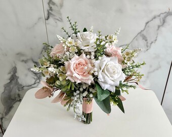 Blush White Greenery Bridal Bouquet 14”/ Pink and White Wedding Flower/  Dusty Rose Rustic Bridal Flower Bouquet Boutonniere Corsage
