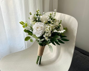 Petite White Rose Wedding Bouquet 10"/ Mini Hand-tied White Rose & Eucalyptus Bouquet/ Classic Small White Rose Greenery Bouquet