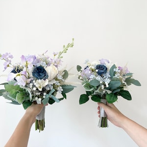 Navy and Purple Bridal Bouquet 12&quot;/ Lavender Rose and Blue Wedding Bouquet/ Dark Blue and Lilac Rustic Boho Flower Bouquet