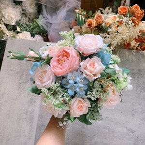 English Pastel Blue and Pink Wedding Bouquet 14” Artificial/ Dusty Pink Bridal Bouquet/ Dusty Blue Bridal Bouquet/ English Garden Wedding
