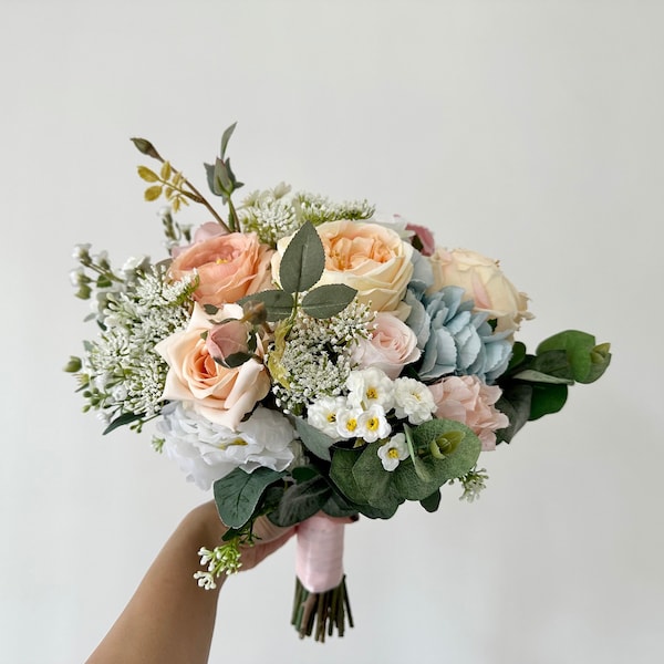 Peach, Blush & Blue Hydrangea Wedding Bouquet 14” Artificial/ Dusty Pink and Blue Bridal Bouquet/ English Garden Peach n Blue Bridal Bouquet