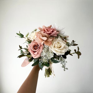 Dusty Rose & Ivory Wedding Bouquet 14” Artificial/ Blush and Cream Bridal Bouquet/ Pastel Pink and White Eucalyptus Bridesmaid Bouquet