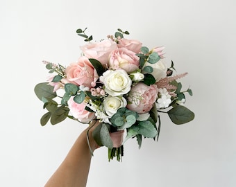 Dusty and Cream Bridal Bouquet 12"/ Blush Rose and Greenery Wedding Bouquet/ Pink and White Flower Bouquet/ Rustic Wedding Bouquet