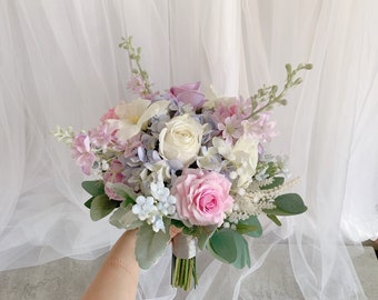 Lavender & Blush Cascading Bridal Bouquet 12"/ Purple and Pink Rose Wedding Bouquet/ Lilac and Dusty Flower Bouquet/ Purple Rose Bouquet