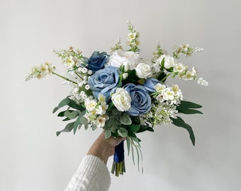 Navy & White Rose Bridal Bouquet 12"/ Dusty Blue and Cream Wedding Bouquet/ Dark Blue and Ivory Rustic Flower Bouquet/ Royal Blue Wedding