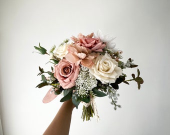 Dusty Rose & Ivory Wedding Bouquet 14” Artificial/ Blush and Cream Bridal Bouquet/ Pastel Pink and White Eucalyptus Bridesmaid Bouquet