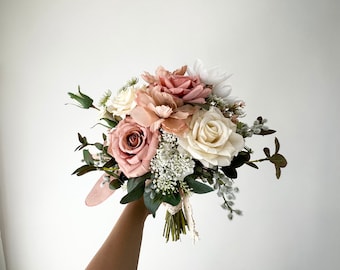 Dusty Rose & Ivory Wedding Bouquet 14” Artificial/ Blush and Cream Bridal Bouquet/ Pastel Pink and White Eucalyptus Bridesmaid Bouquet