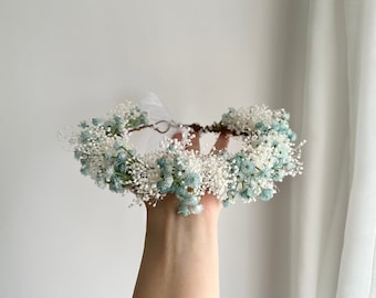 Dusty Blue Babysbreath Flower Crown /  Light Blue Babys Breath Flower Crown / White and Blue Baby’s Breath Flower Girl Crown/ Rustic Wreaths