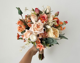 Rust Orange and Champagne Wedding Bouquet 14” Artificial/ Autumn Orange and Cream Rose Wedding Bouquet/ Burnt Orange Bouquet/ Summer Wedding