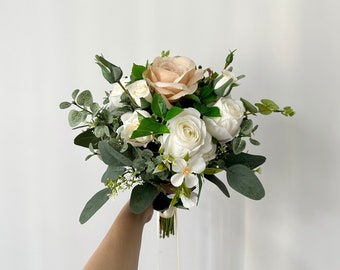 Petite Beige Rose Wedding Bouquet 10"/ Mini Hand-tied Champagne Rose & Eucalyptus Bouquet/ Classic Small Greenery Bouquet with Sepia Rose