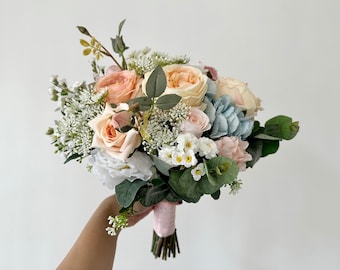 Peach, Blush & Blue Hydrangea Wedding Bouquet 14” Artificial/ Dusty Pink and Blue Bridal Bouquet/ English Garden Peach n Blue Bridal Bouquet