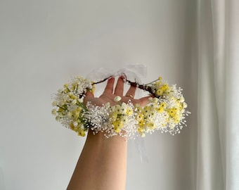 Yellow Babysbreath Flower Crown /  White Flower & Eucalyptus Flower Crown / White and Yellow Baby’s breath Flower Girl Crown / Rustic Crown