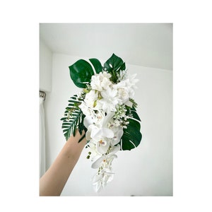 Cascading White Rose, Orchid, Monstera Wedding Bouquet Artificial/ White Orchids and Palm Leaves Modern Tropical Summer Wedding Bouquet