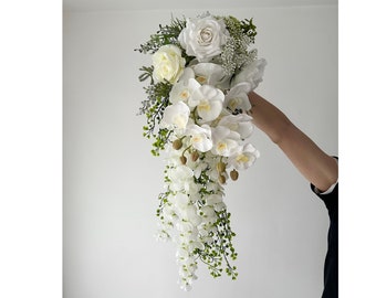 Cascading White Orchid, Wisteria & Rose Wedding Bouquet 12” Artificial/ Classic White Flower Eucalyptus Bouquet/ Rustic Greenery Bouquet