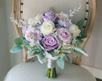 Lavender Bridal Bouquet 12"/ Cream White and Dusty Purple Rose Wedding Bouquet/ Lilac Rustic Boho Flower Bouquet/ Purple Rose Bouquet