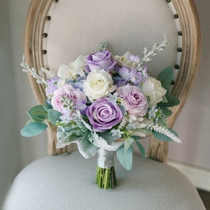 Lavender Bridal Bouquet 12"/ Cream White and Dusty Purple Rose Wedding Bouquet/ Lilac Rustic Boho Flower Bouquet/ Purple Rose Bouquet