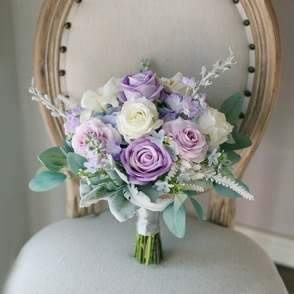 Bouquet de mariée lavande 12"/blanc crème et rose pourpre poussiéreux bouquet de mariage/bouquet de fleurs bohème rustique lilas/Bouquet de roses violettes