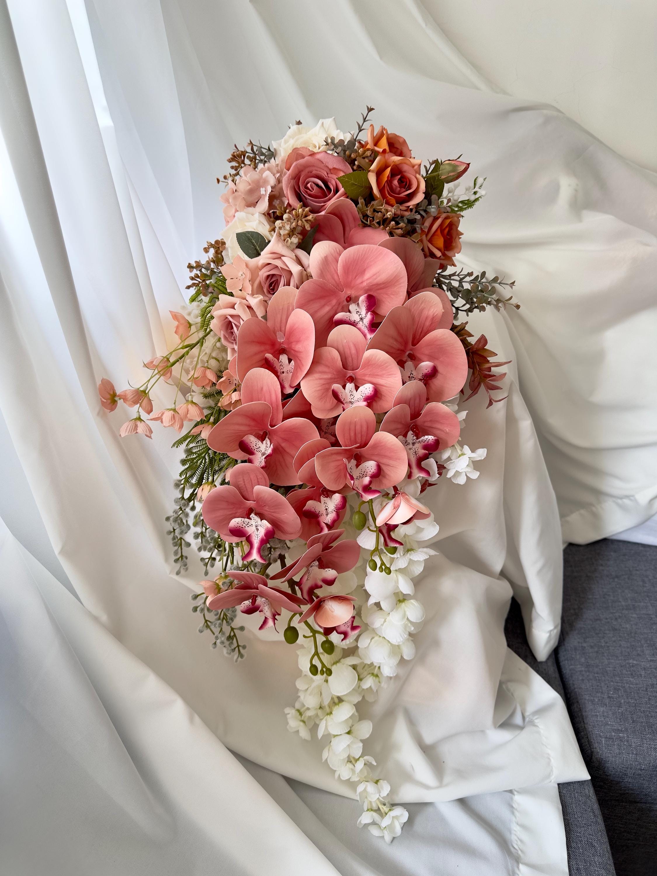 Pink Cascading Roses Cascading Orchid & Rose Wedding Bridal Bouquet Artificial - Rust, Mauve ...