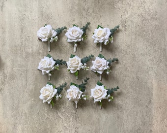 Ivory Rose Boutonnière Corsage with White Ribbon/ Classic White Boutonnière Corsage/ White & Sage Wedding/ Rustic Wedding