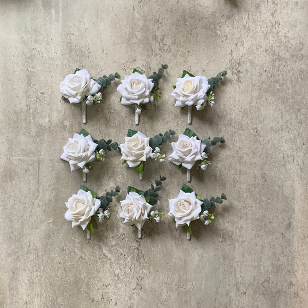 Ivory Rose Boutonnière Corsage with White Ribbon/ Classic White Boutonnière Corsage/ White & Sage Wedding/ Rustic Wedding