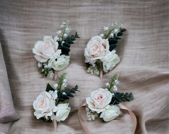 Blush & White Wedding Boutonnière Corsage/ Pink and Cream Eucalyptus Boutonnière Corsage/ Dusty Greenery Rustic Buttonhole