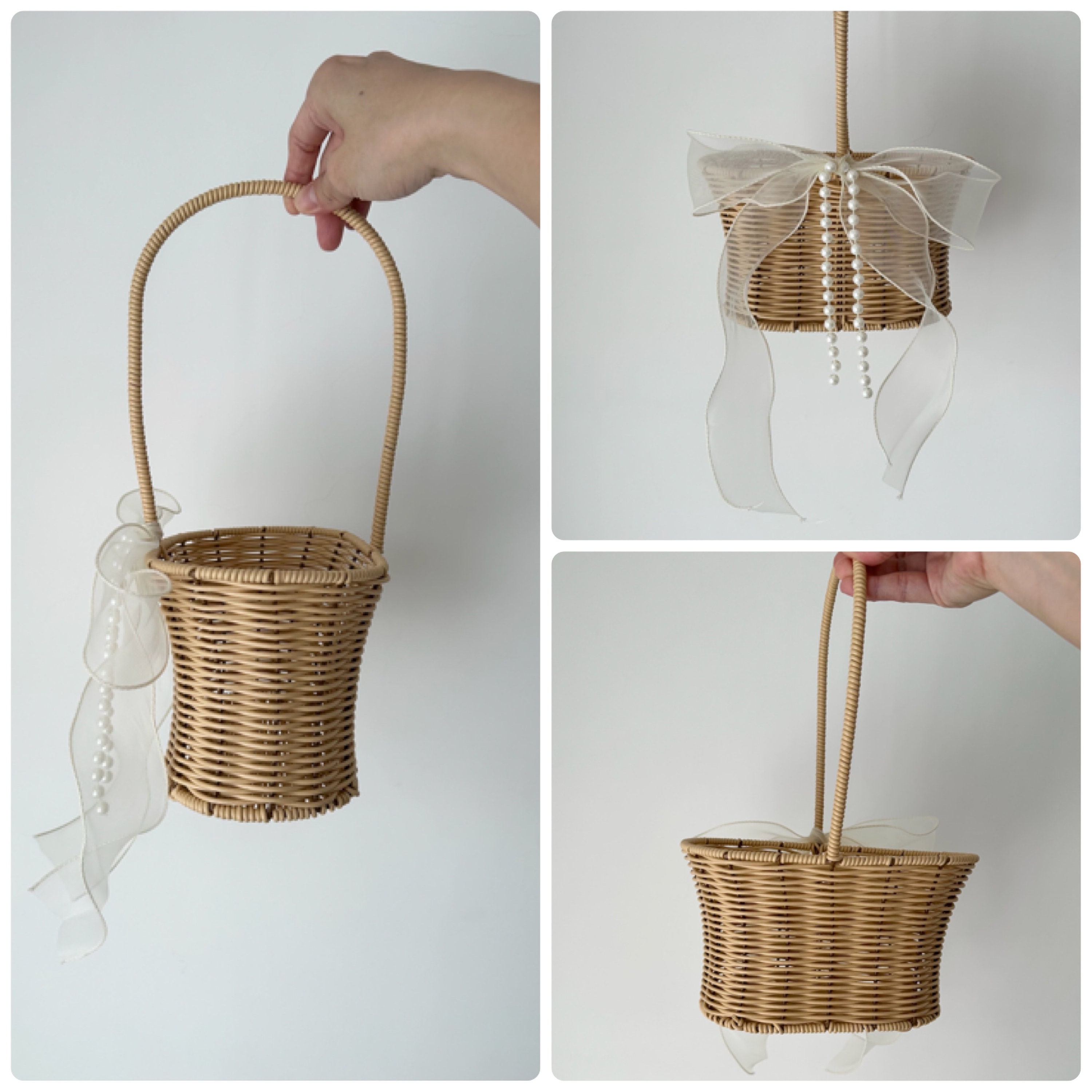 Flower Girl Basket with Pearl Chain & Ivory Ribbon/ Simple Bridesmaid Basket / Hand Woven Basket / Rustic Basket Vintage Wedding