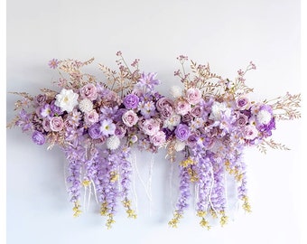 Purple Wisteria & Rose Gold Wedding Archway Flower Artificial/ Lilac Rose and Hanging Wisteria Flower Swag with Rose Gold Eucalyptus