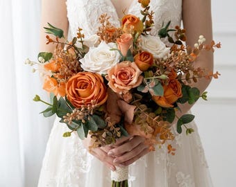 Rustic Orange & Ivory Rose Bridal Bouquet: Handmade Artificial