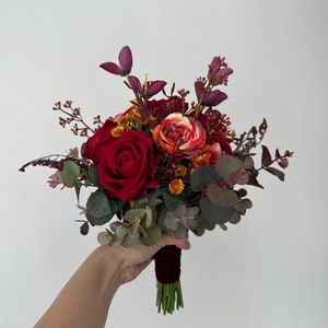 Petite Burgundy Rose and Eucalyptus Wedding Bouquet 9” Artificial/ Small Dark Red Bridal Bouquet/ Wine Red Eucalyptus Bridesmaid Bouquet