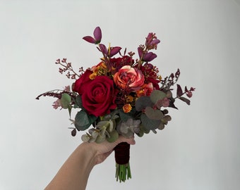 Petite Burgundy Rose and Eucalyptus Wedding Bouquet 9” Artificial/ Small Dark Red Bridal Bouquet/ Wine Red Eucalyptus Bridesmaid Bouquet