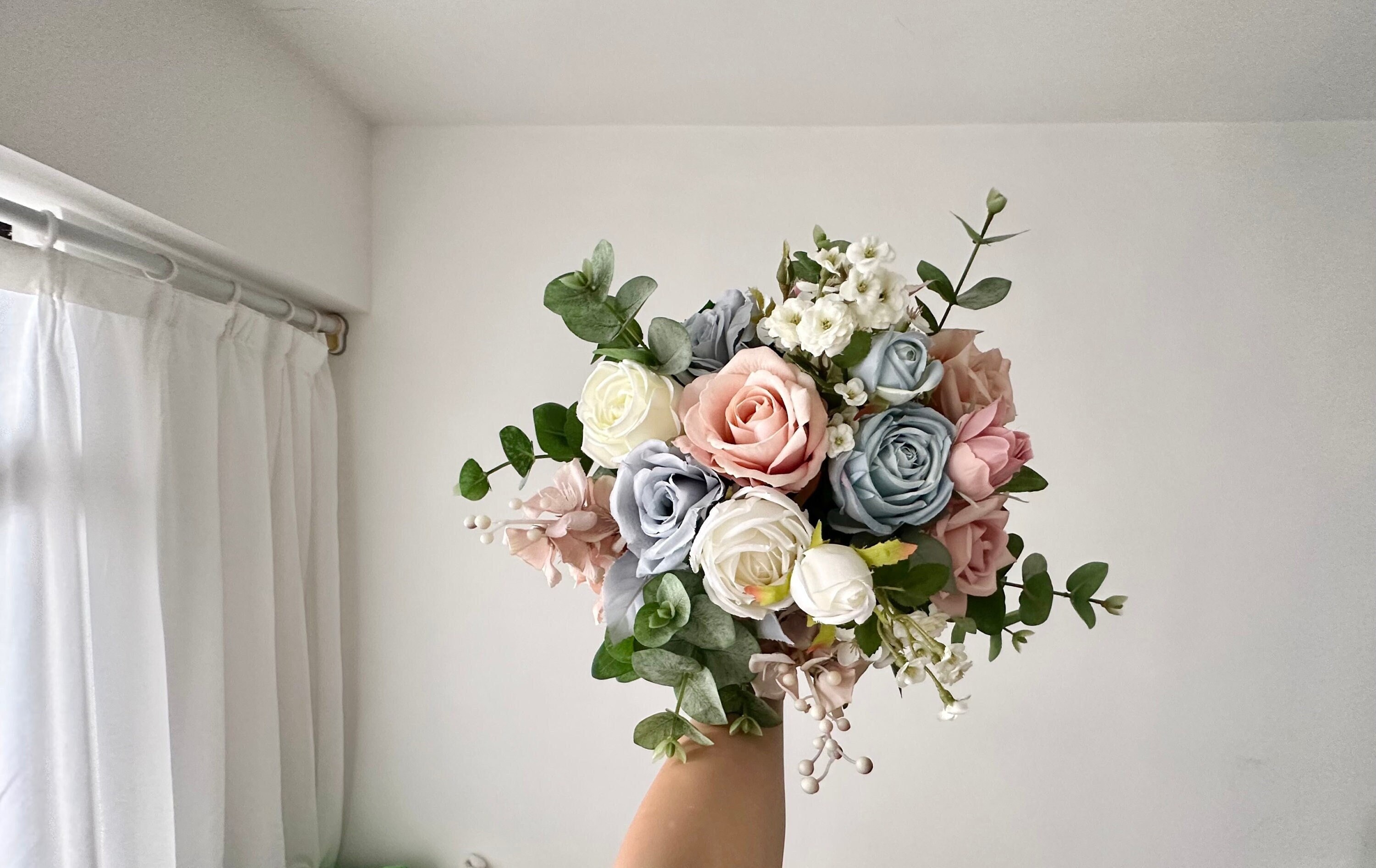 Dusty Pink \u0026 Blue Wedding Bouquet: Pastel Eucalyptus, Artificial Bridal 14\, image size:3000x1894