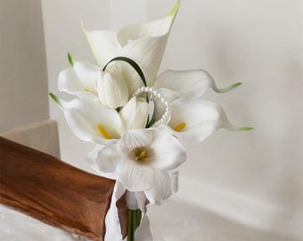 Calla Lily & Tulip Wedding Bouquet: Rustic White Pearl Chain
