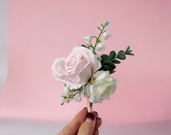 Blush & White Wedding Boutonnière Corsage/ Pink and Cream Eucalyptus Boutonnière Corsage/ Dusty Greenery Rustic Buttonhole