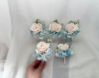 Blush and Blue Hydrangea Boutonnière Corsage/ Pink and Light Blue Boutonnière Corsage/ Dusty and Blue Boutonnière Corsage