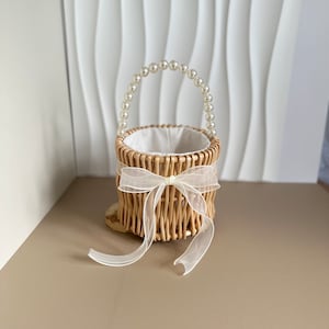 Flower Girl Basket With Pearl Chain & Satin Ribbon Bow/ Simple Bridesmaid Basket / Hand Woven Basket / Rustic Basket/ Boho Wedding