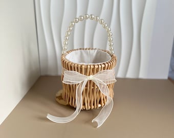 Flower Girl Basket With Pearl Chain & Satin Ribbon Bow/ Simple Bridesmaid Basket / Hand Woven Basket / Rustic Basket/ Boho Wedding