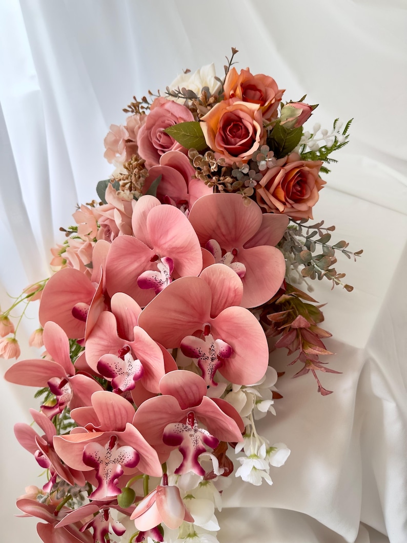 Cascading Orchid & Rose Wedding Bridal Bouquet Artificial - Rust, Mauve ...