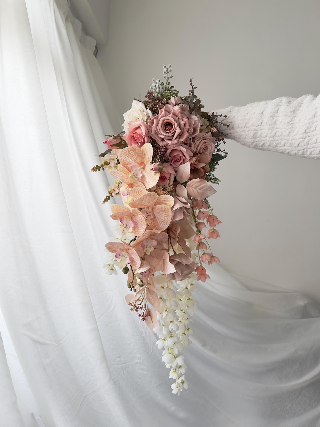 Cascading Dusty Rose, Orchid Wisteria Wedding Bouquet Artificial