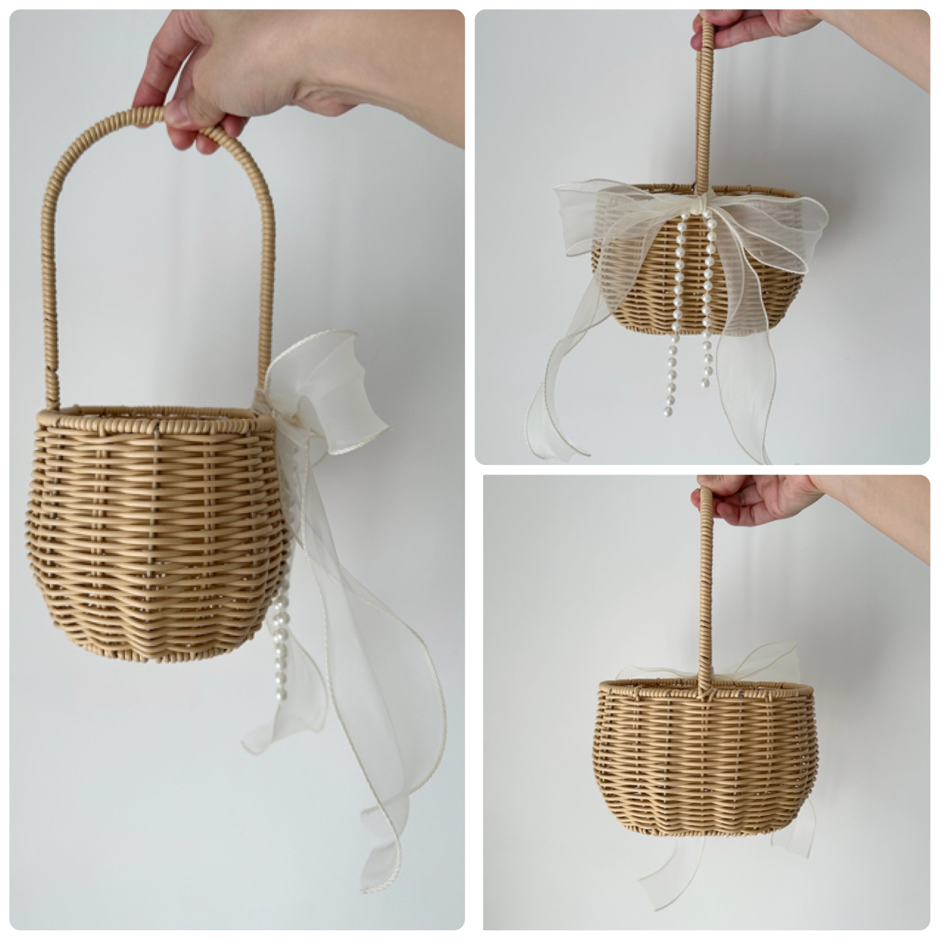 Flower Girl Basket with Pearl Chain & Ivory Ribbon/ Simple Bridesmaid Basket / Hand Woven Basket / Rustic Basket Vintage Wedding